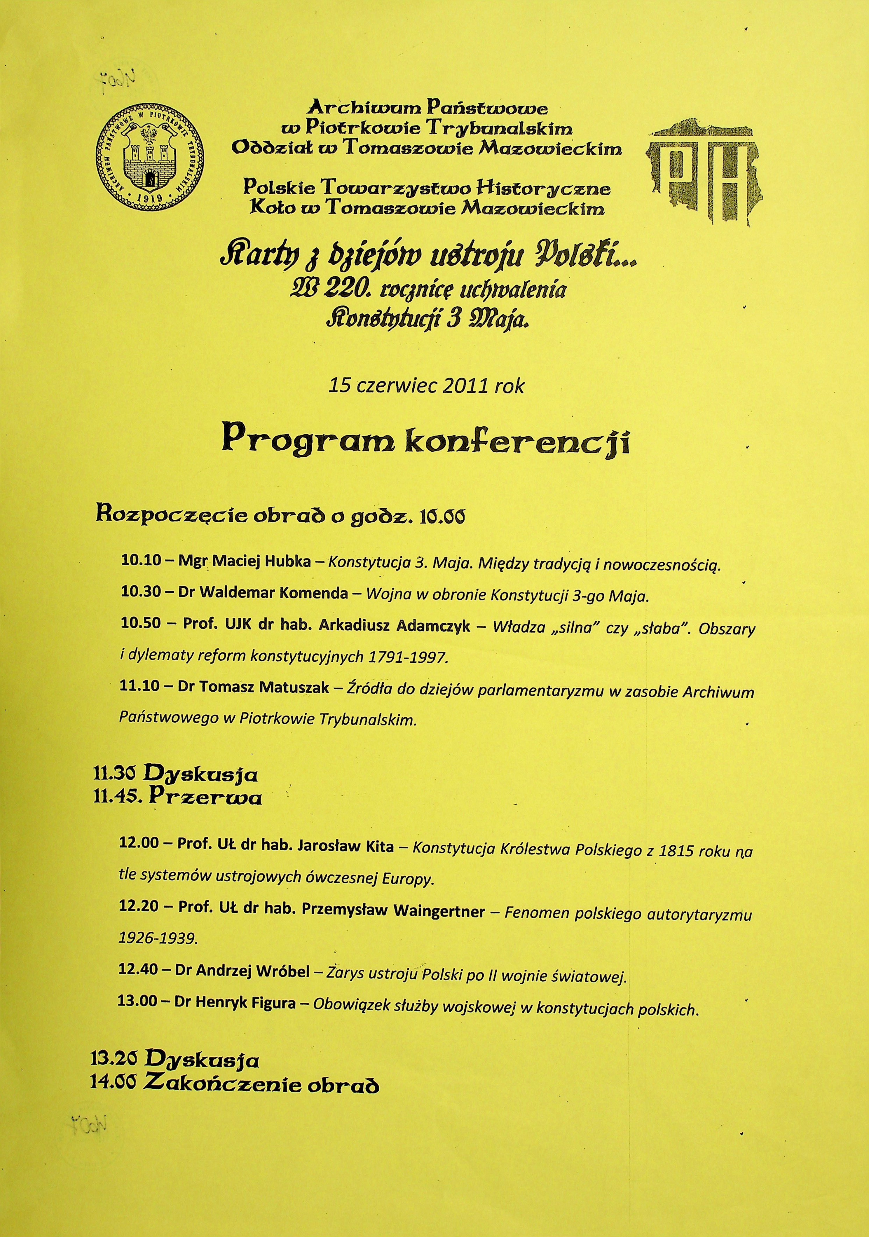 Program konferencji naukowej „Karty z dziejów ustroju Polski. W 220 rocznicę uchwalenia Konstytucji 3 Maja